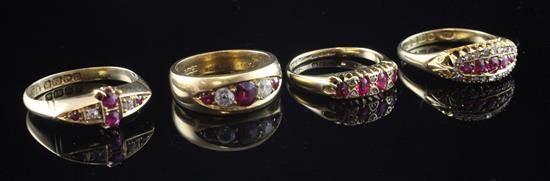 Four early 20th century 18ct gold, ruby and diamond set rings,